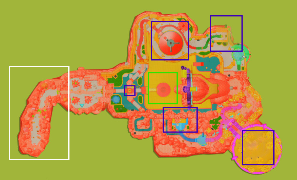 食品工厂地图。白框为一阶段，紫框为二阶段的五个开关，绿框为三阶段。